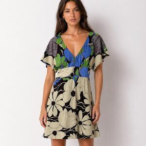 Tibi 100% Silk Mini Dress Size 2 Abstract Floral Empire Waist